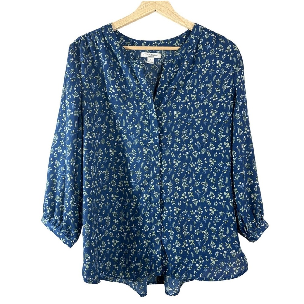 Jachs Girlfriend Blue Floral Print Split Neck 3/4 Sleeve Blouse Medium Boho NWOT